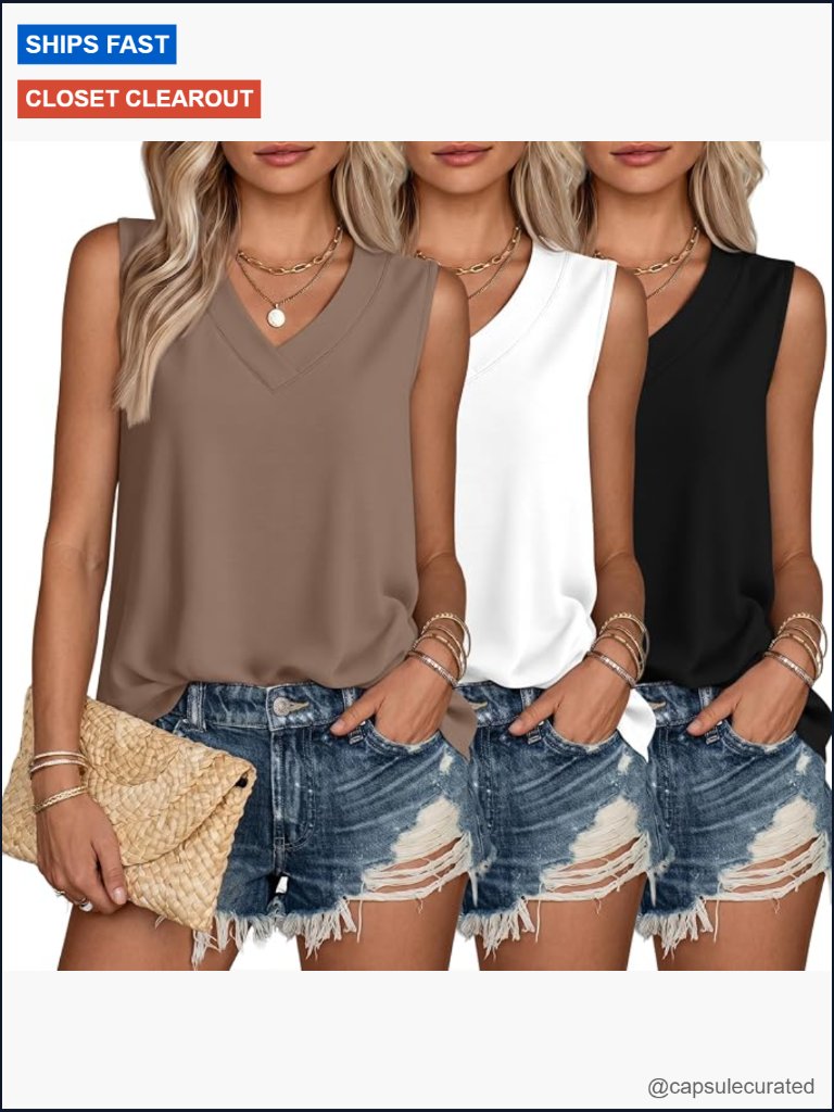 V Neck Tank Tops 3 Pack Sleeveless Loose Fit Summer Tees